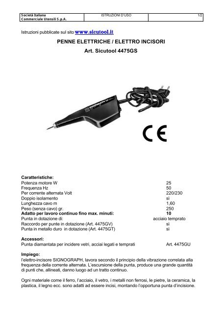PENNE ELETTRICHE / ELETTRO INCISORI Art. Sicutool 4475GS