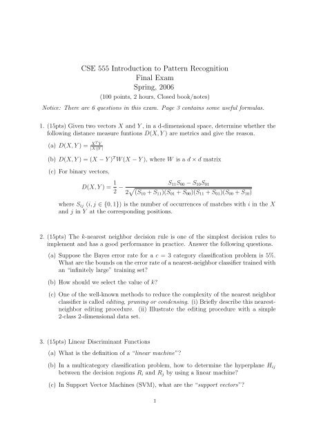 CSE 555 Introduction to Pattern Recognition Final Exam ... - CEDAR