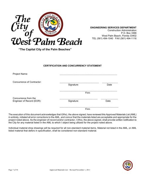 APPROVED MATERIALS LIST (AML) - City of West Palm Beach