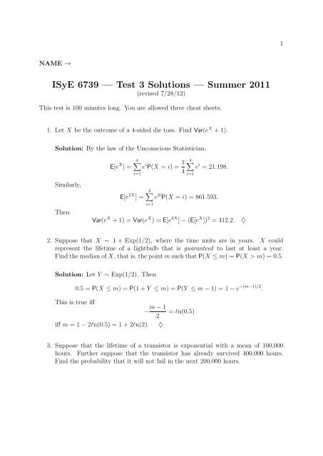 ISyE 6739 — Test 3 Solutions — Summer 2011