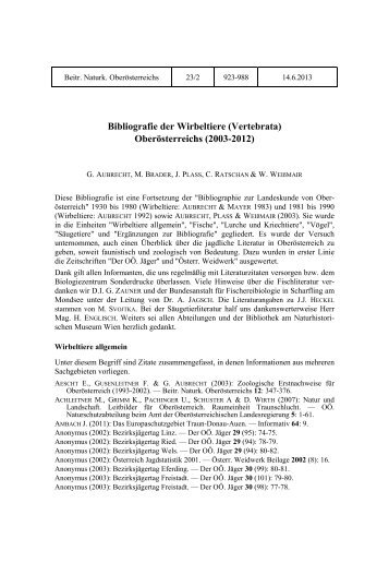 Bibliografie der Wirbeltiere (Vertebrata) OberÃ¶sterreichs - Ratschan.at