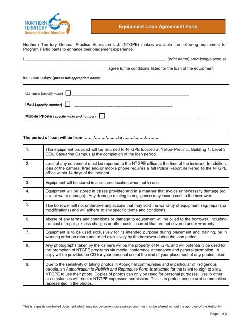 Equipment Loan Agreement Form - ntgpe