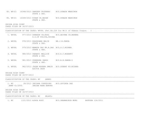 New Cases filed on 18/07/2013 - Orissa High Court