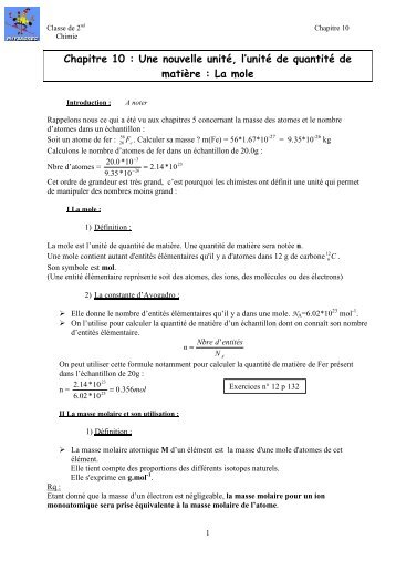 Chapitre 10 : Une nouvelle unitÃ©, l'unitÃ© de quantitÃ© de ... - Physagreg