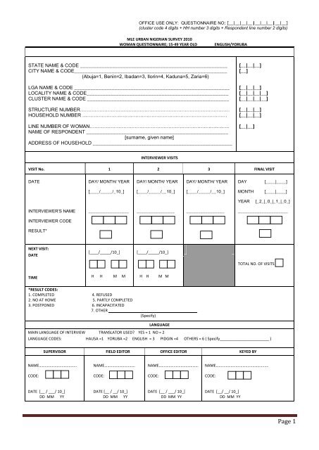 Baseline Women's questionnaire - Yoruba/English