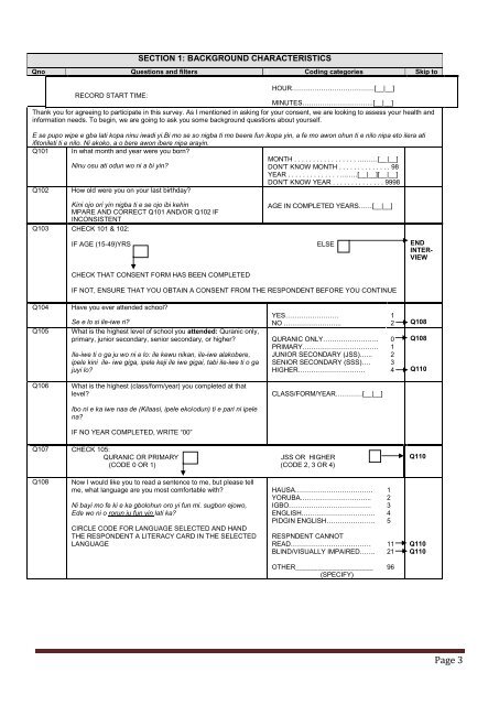 Baseline Women's questionnaire - Yoruba/English