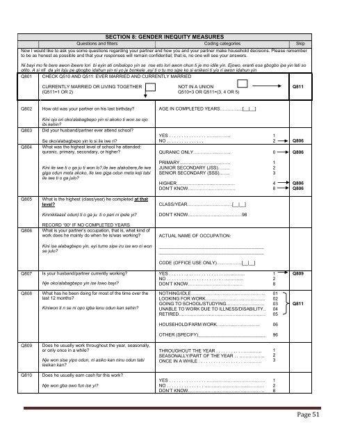 Baseline Women's questionnaire - Yoruba/English