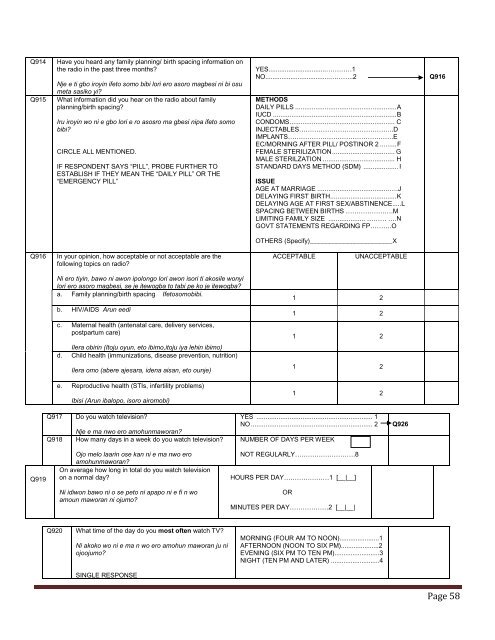 Baseline Women's questionnaire - Yoruba/English