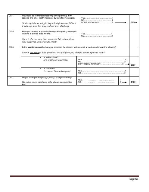 Baseline Women's questionnaire - Yoruba/English