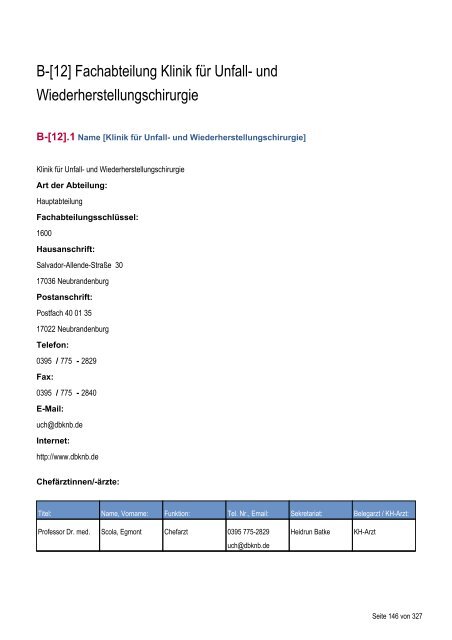 Qualitätsbericht 2010 - Dietrich Bonhoeffer Klinikum Neubrandenburg