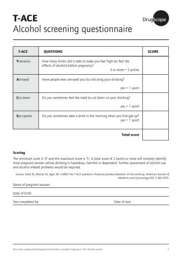 T-ACE Alcohol screening questionnaire - DrugScope