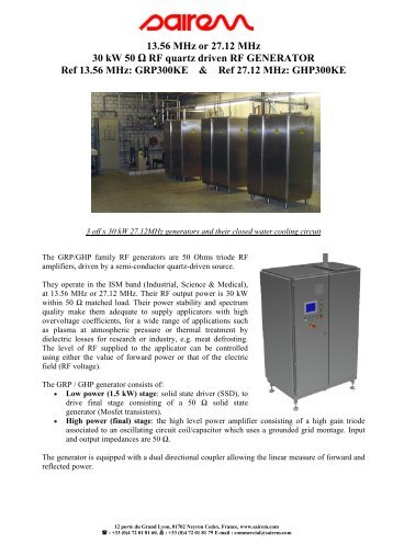 13.56 MHz or 27.12 MHz 30 kW 50 Î© RF quartz driven RF ...