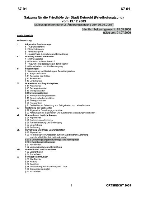 Satzung für die Friedhöfe der Stadt Detmold (Friedhofssatzung) vom ...