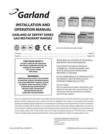 installation and operation manual garland gf sentry series gas ...