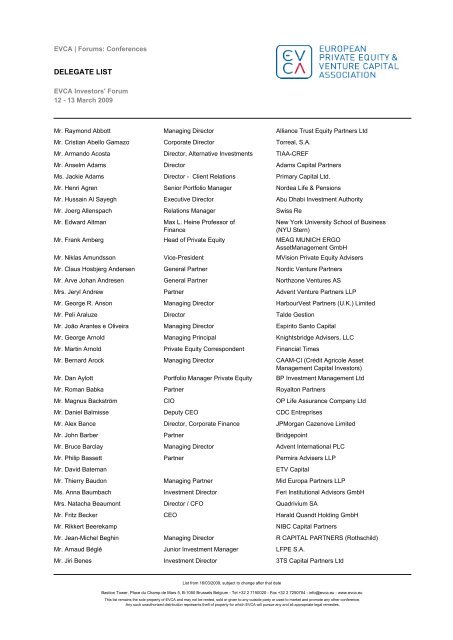 DELEGATE LIST - EVCA