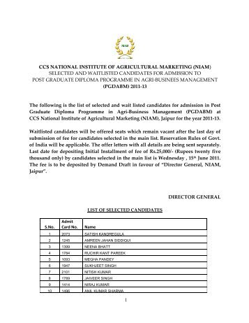 selected and waitlisted candidates for admission to post gra - NIAM