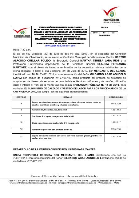 VERIFICACION DE REQUISITOS HABILITANTES INVITACION No ...