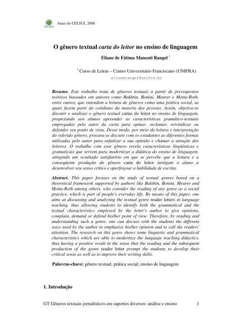 O gÃªnero textual carta do leitor no ensino de linguagem - Celsul.org.br