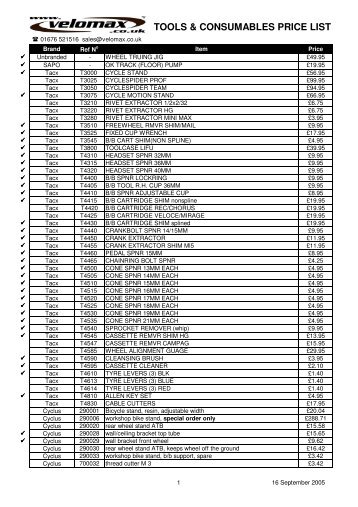 tools & consumables price list