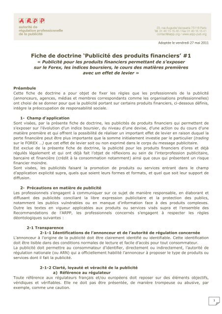 Fiche de doctrine Publicité produits financiers adoptée - ARPP