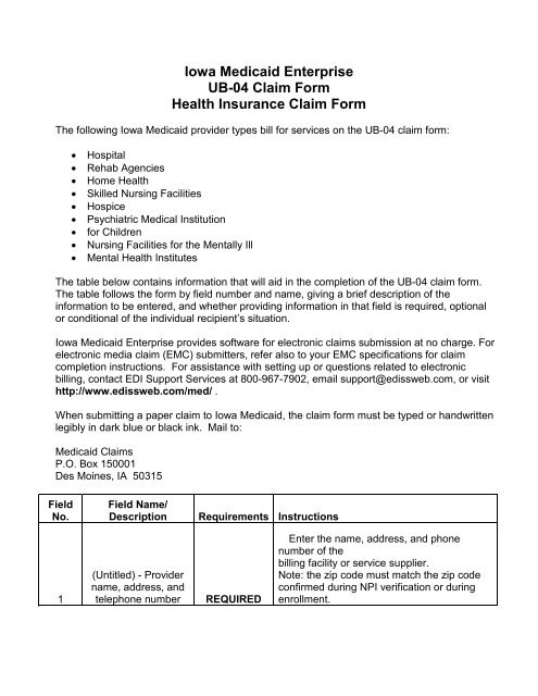 Iowa Medicaid Enterprise UB-04 Claim Form Health Insurance ...