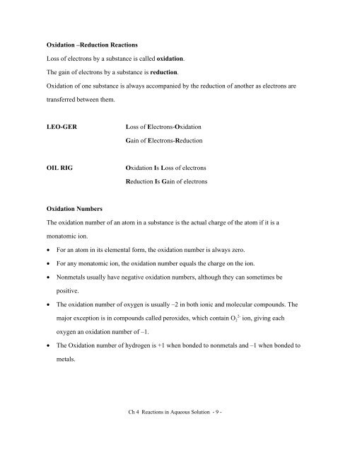 Chapter 4 - Reactions in Aqueous Solution