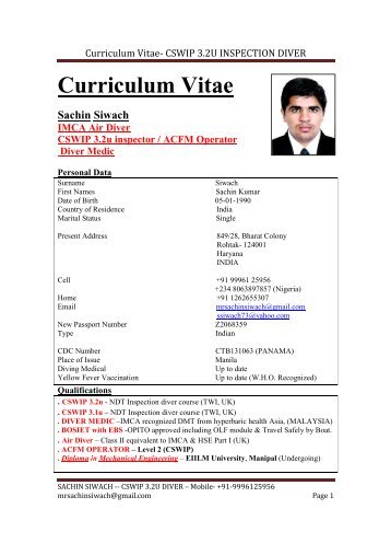 Curriculum Vitae Sachin Siwach IMCA Air Diver CSWIP 3.2u ...