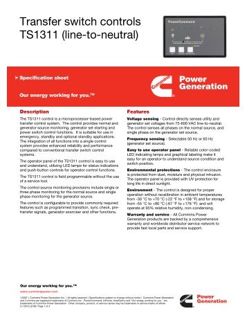 Transfer switch controls TS1311 (line-to-neutral) - Cummins Inc.