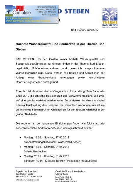 Pressemitteilung 18/2012 - Revision in der Therme Bad - Bad Steben