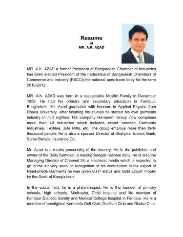 Resume of - The Federation of Bangladesh Chambers of Commerce ...