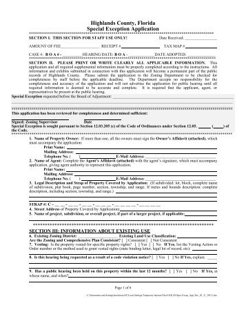 Board of Adjustment Special Exception Application - Highlands County