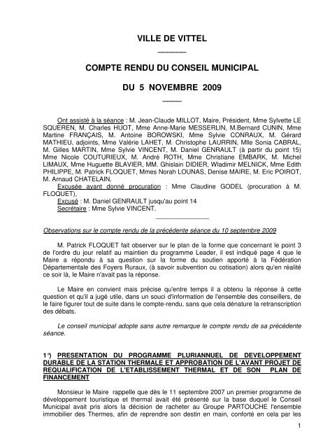 compte rendu du conseil municipal du 5 novembre 2009 - Vittel