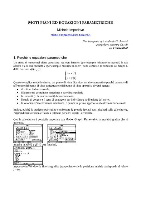 MOTI PIANI ED EQUAZIONI PARAMETRICHE ( ) ( ) - Matematica