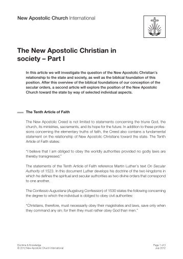 The New Apostolic Christian in society – Part I