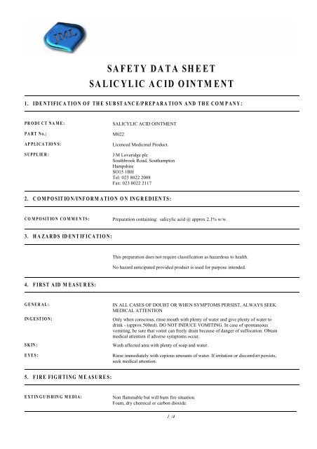 Safety Data Sheet Salicylic Acid Ointment J M Loveridge Plc