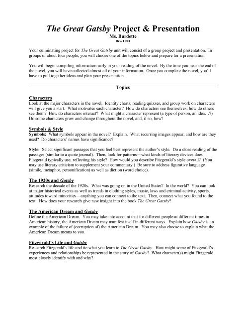 The Great Gatsby Character Chart Worksheet Answers