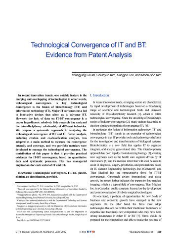 Technological Convergence of IT and BT: Evidence ... - ETRI Journal