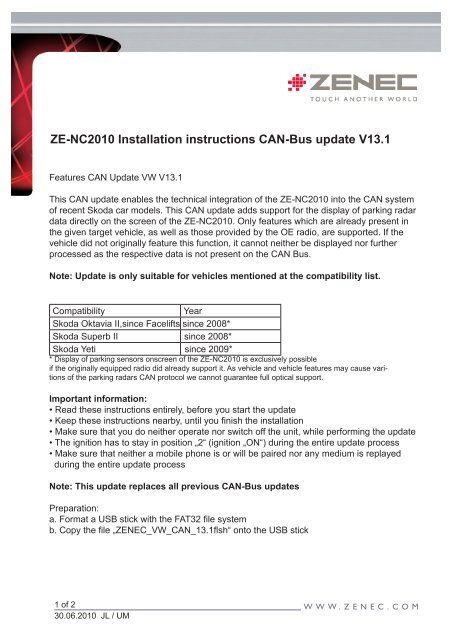 ZE-NC2010 Installation instructions CAN-Bus update V13 - Zenec