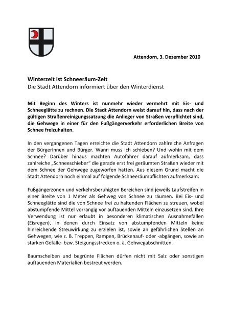 Winterzeit ist Schneeräum-Zeit Die Stadt Attendorn informiert über ...