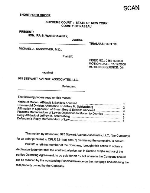 Short Form Order dated December 3, 2008 - NY Business Divorce