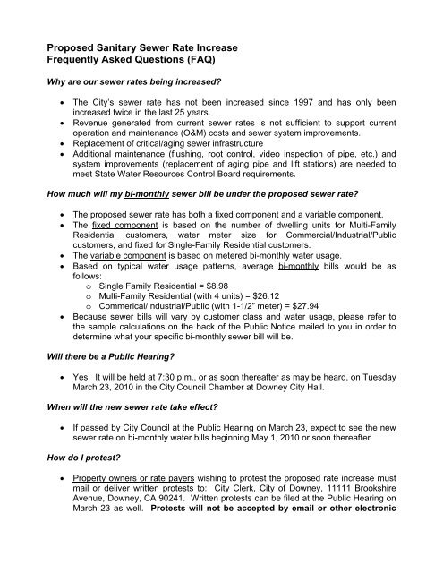 Proposed Sanitary Sewer Rate Increase Frequently City Of Downey
