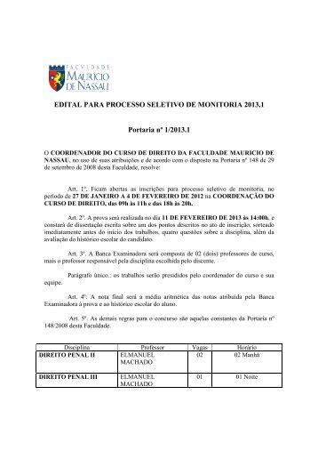 edital monitoria - direito maceiÃ³ - Curso de Direito da Faculdade ...