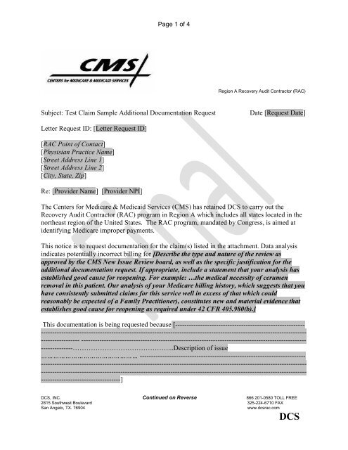 Subject: Test Claim Sample Additional Documentation Request Date