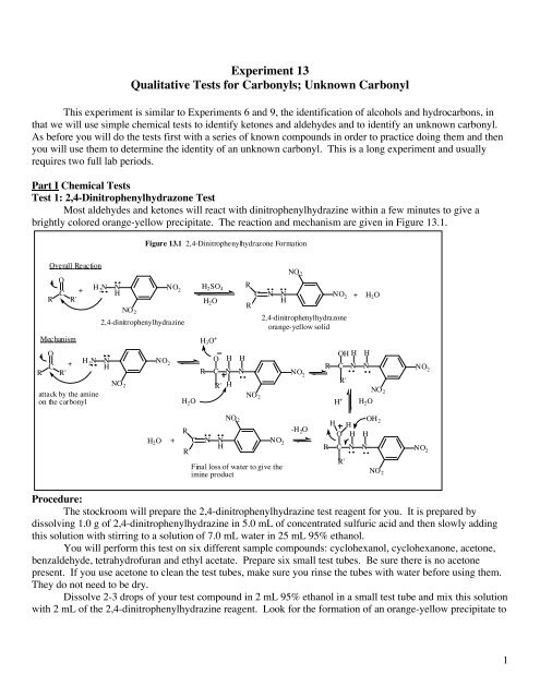 Experiment 13 Qualitative Tests for Carbonyls; Unknown ... - myweb