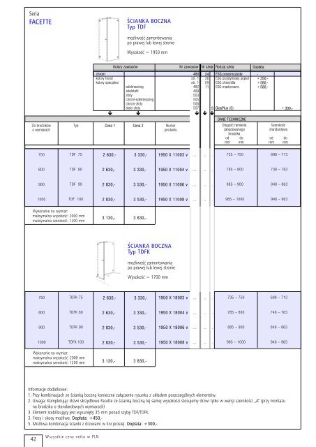 Cennik detaliczny wyrobÃ³w Koralle 2004 - kabiny prysznicowe