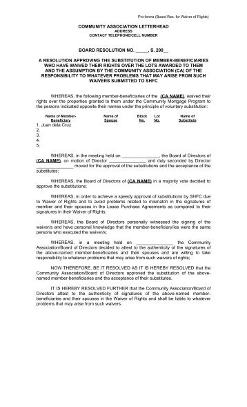 Sample Format for CA Board Resolution of Waiver of Rights