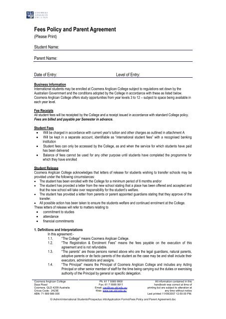 Fees Policy and Parent Agreement - Coomera Anglican College