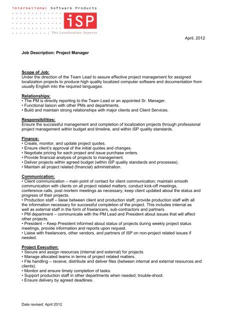 Project Manager Job Description International Software Products