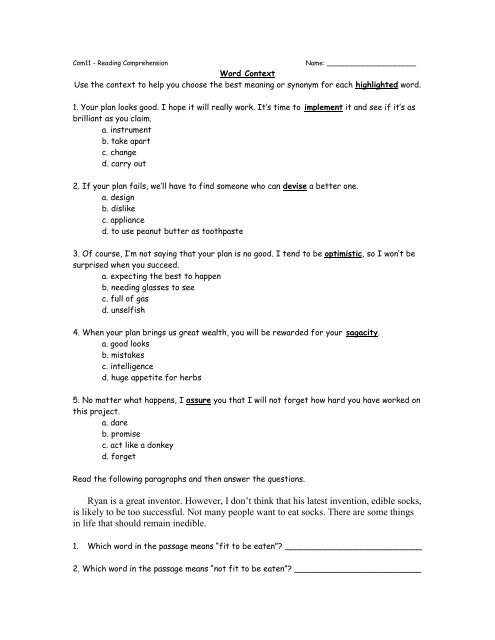 Reading Comprehension Word Context