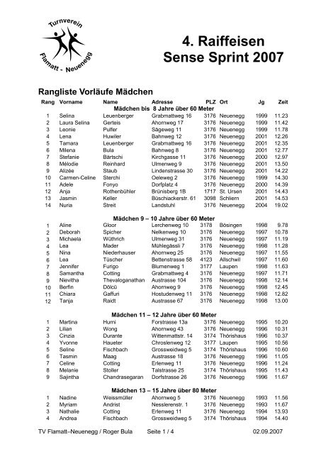 Rangliste Sense Sprint 2007 - Turnverein Flamatt-Neuenegg